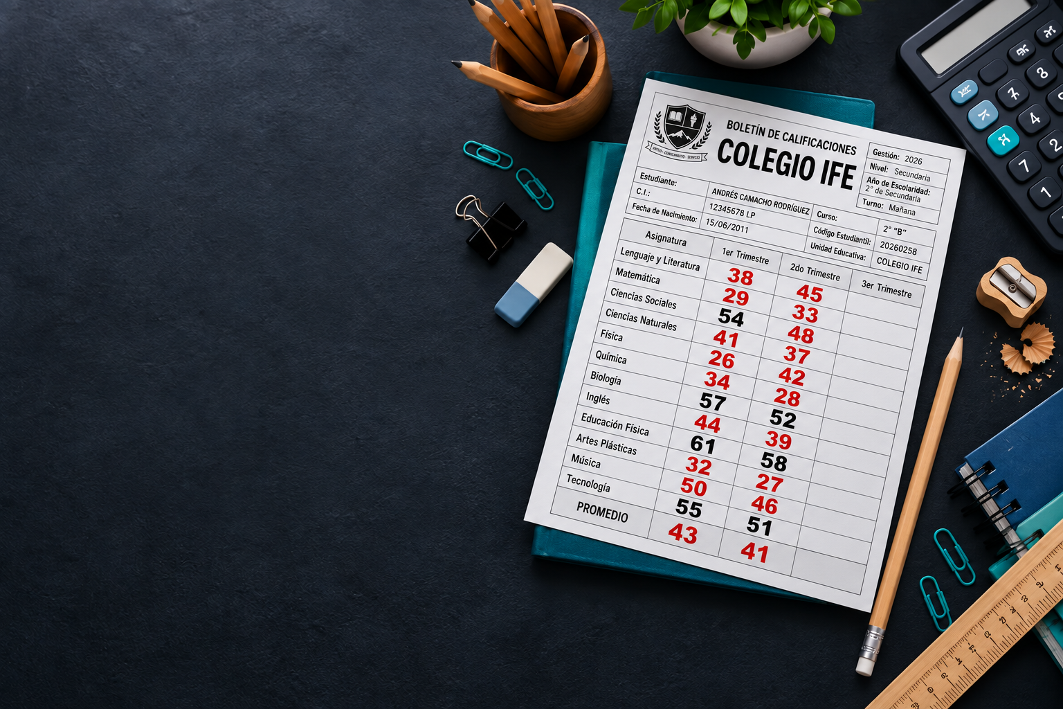 Boletín de calificaciones acompañado de lápices, borrador, tajador, regla, cuaderno y calculadora
